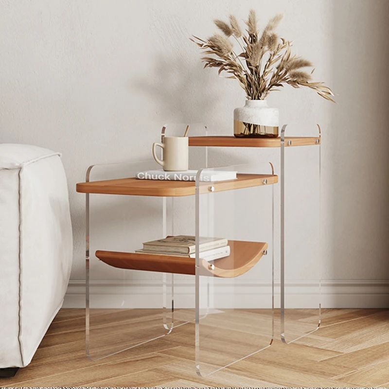 

Bedside Coffee Cabinet Solid Wood Art Design Floor Mobile Luxury Transparent Acrylic Coffee Table Storage Meuble House Furniture