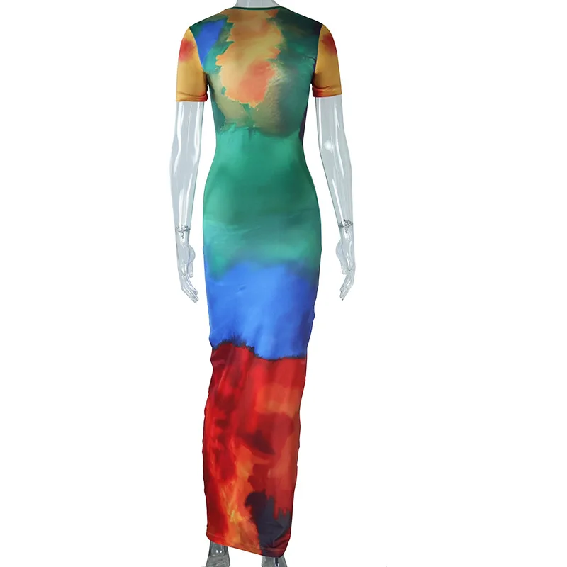 SsTss Women Bodycon Long Dress 2024 New Summer Fashion Tie Dye Print Round  Neck Short Sleeve Slim Casual Daily Maxi Dresses - AliExpress 200000345