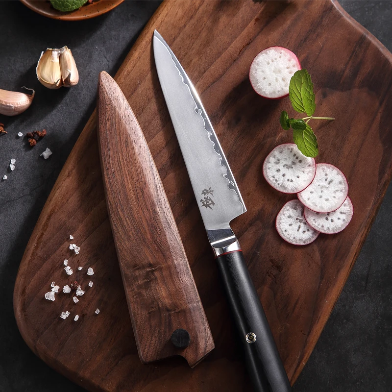 

Paring Knife With Wood Cover 3 Layer Clad Steel 10cm Blade G10 Handle Cleaver Peeling Steak BBQ Kitchen Knives Cooking Tools