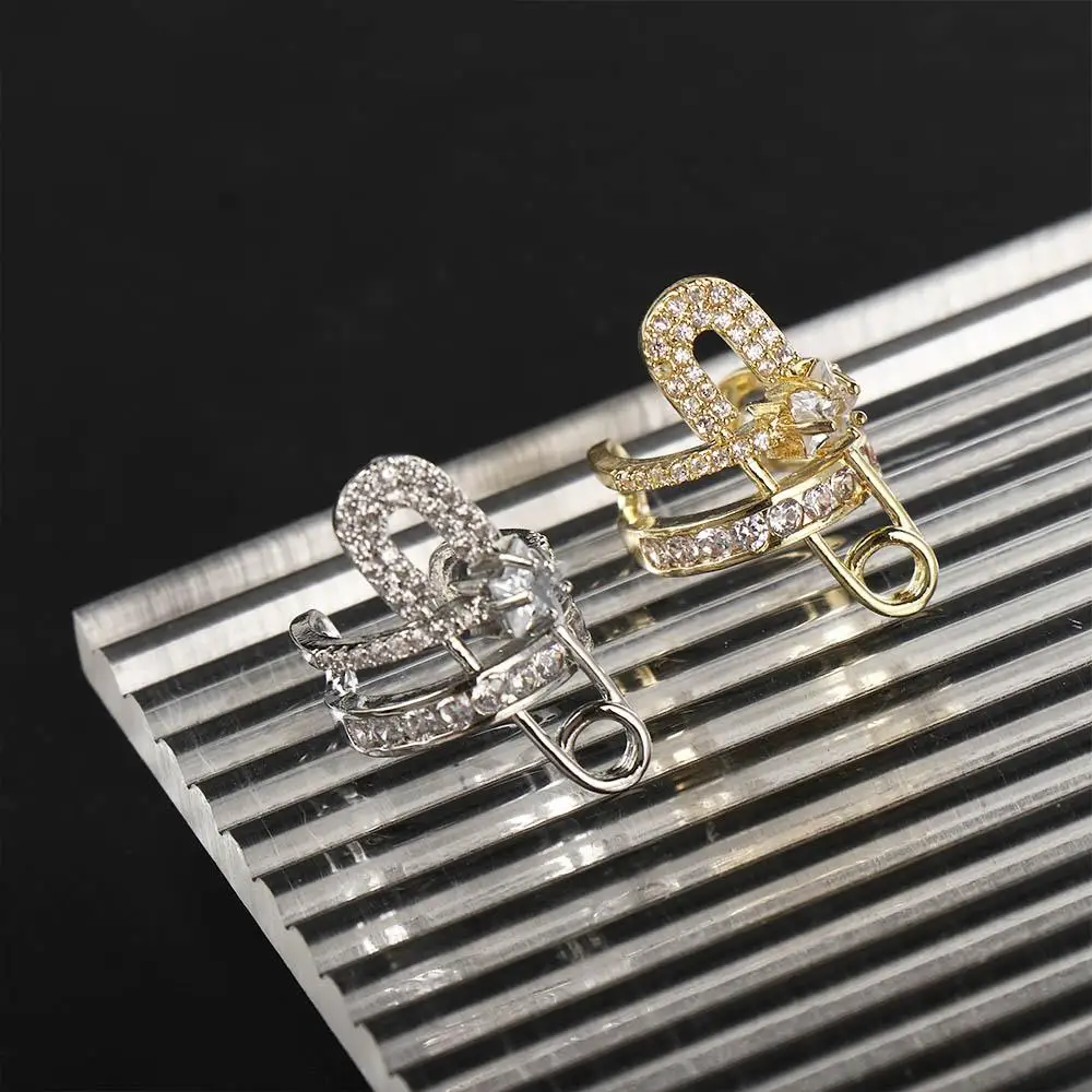 Ring Set European And American Style Exaggerated Micro-Inlaid Zircon Ear Clip Open Ring Pin Design Double Layer Jewelry