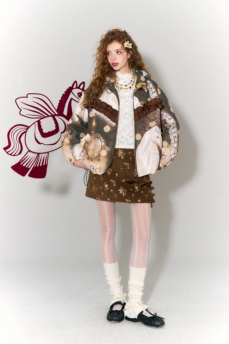 ELFSACK Magical Unicorn Jacket for Women – Cute Ruffled Bow, Lace & Polka Dot Design, Cozy Winter Streetwear Coat
