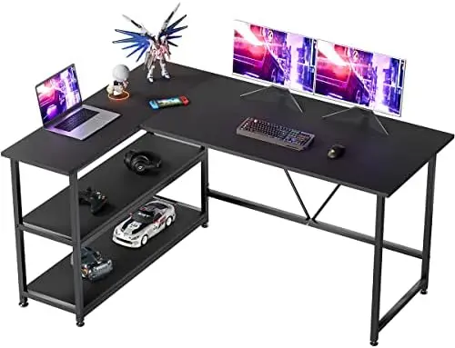 

Shaped Desk 51x35.4 inch Reversible Corner Computer Gaming Desk with Storage Shelves for Home Office PC Workstation Laptop Table