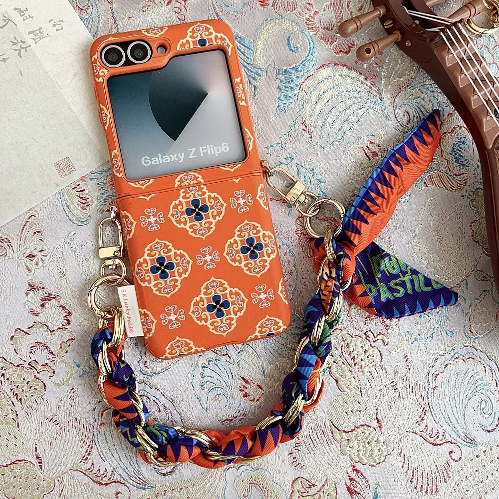 Luxury Embroidered Floral Phone Case with Ribbon Chain
