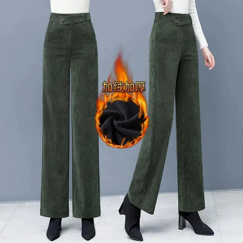 Women Autumn Fashion Velvet Baggy Pantalon Elegant Winter Thick Corduroy Pants Office Work Warm Elastic High Waist Wide Leg Pant