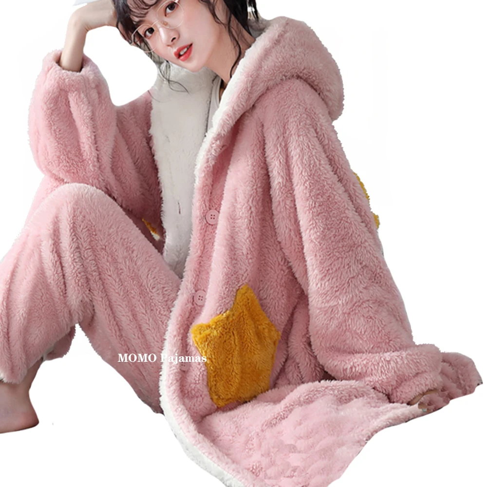 Зимние пижамные комплекты, плотные теплые фланелевые ночные рубашки, костюм для женщин, Коралловая бархатная одежда для сна с капюшоном, ночная рубашка, ночные рубашки