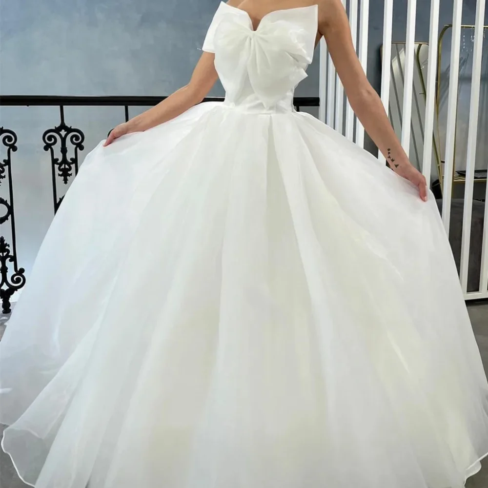 

Long Ivory Sweetheart Organza Wedding Dresses Sleeveless with Bow A Line Floor Length Vestidos Novias Boda for Women