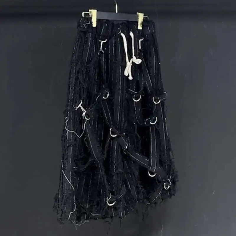PFHQ Men's Rough Edge Denim Shorts Summer Elastic Waist Floating Rope Darkwear Advanced Personality Design 21Z5020