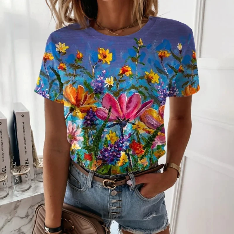 Summer New Women's Bright Flower Pattern Crew Neck Short Sleeve Shirt