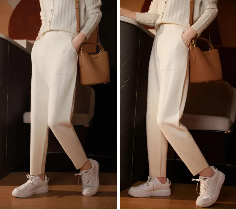 Pure Cashmere Pants with Open Pocket, Feet Show Legs, Casual Harem Pants, Knitted Pants, New, Autumn and Winter