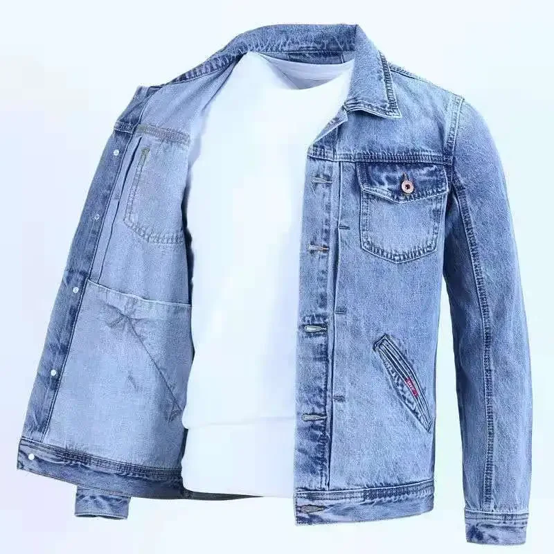 thumbnail image 1 of Chaqueta vaquera azul con bolsillos y botones para hombre, chaqueta vaquera de otoño e invierno de gran tamaño, de marca, talla L, ropa de abrigo, nueva en Y2k, 1 of 4