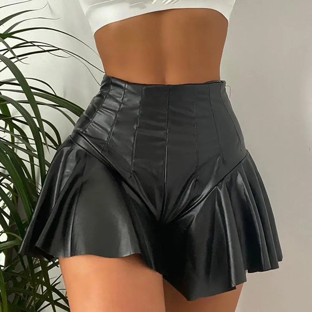 

A Line Leather Skirt Shorts Sexy Black High Waist Boot Cut Women Skirt Shorts Pleated Ruffles Lady Mini Skirt Shorts Clubwear
