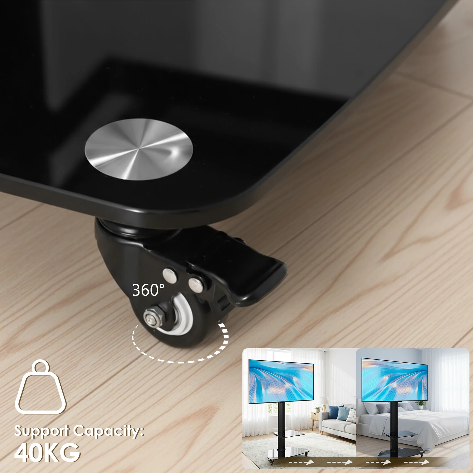 Rolling TV Moving Stand on Wheels Height Adjustable Floor Trolley Stand with Shelf Portable Mobile TV Cart for 37-70 Inch Screen