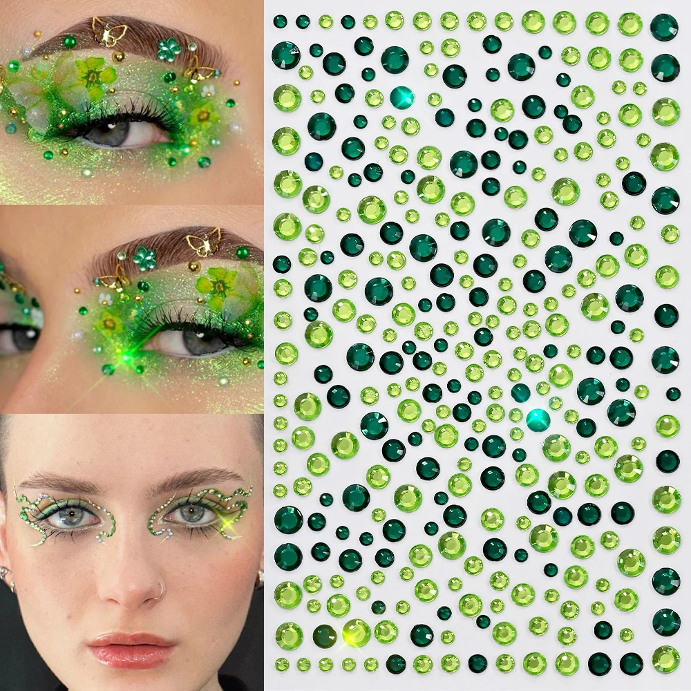 300 Stück + glitzernde grüne Edelstein-Strasssteine für Augen und Gesicht, 3D-Kleber, runde Strass-Tattoo-Aufkleber, 3/4/5 mm, Party, Festival, Make-up, 8 $ – Detail 9