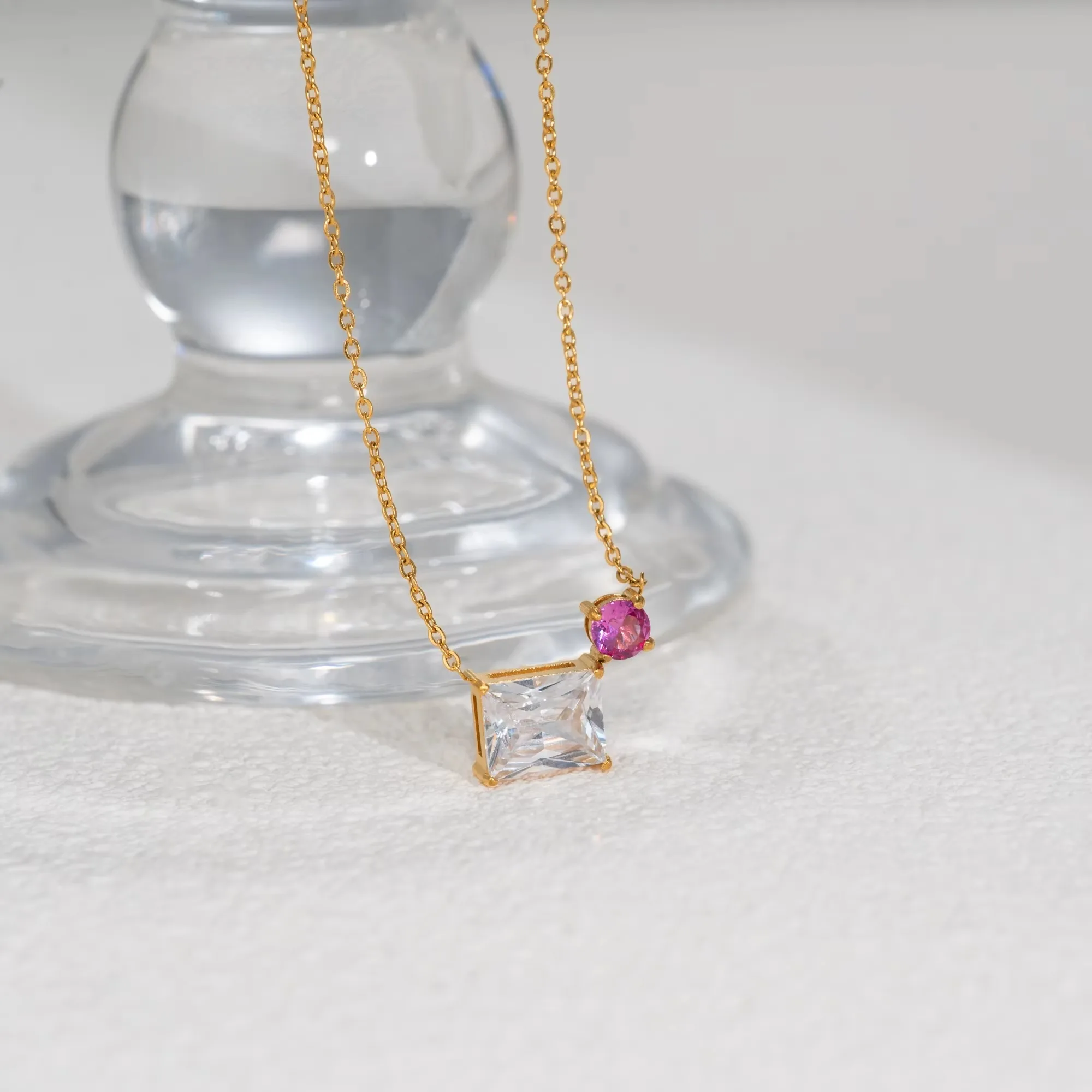 보헤미안 스타일 사각형 라운드 지르콘 펜던트 목걸이 (여성용), 데일리 체인 초커, 18k 금도금 스테인리스 스틸 변색 방지 주얼리