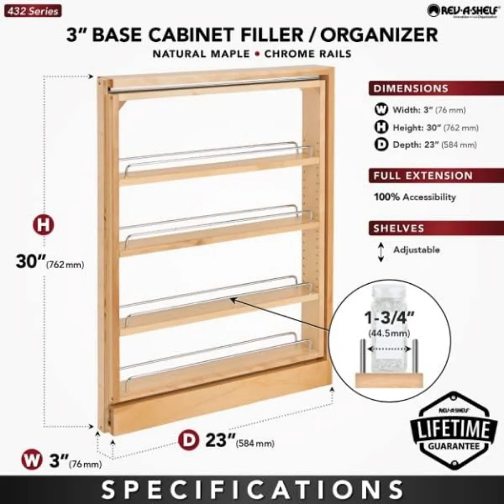 Pullout Shelf Organizer for Base Kitchen or Bathroom Cabinets, Wood Filler Pantry Storage or Spice Rack, Maple, 3" x 23" x 30" 3