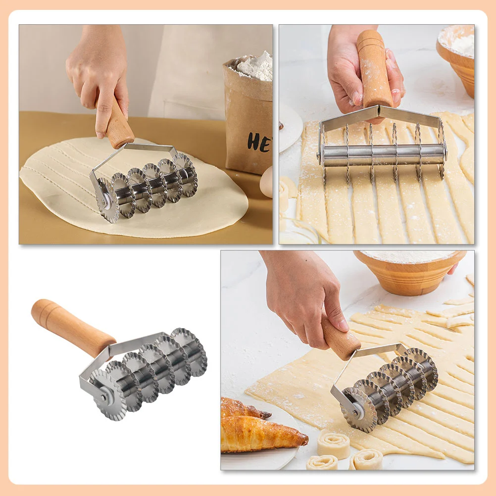 Ergonomic Wood Handle Noodle Cutter Stainless Steel Dough Cutter Lattice Roll Cutter Kitchen Supplies Pizza Tool Baking Equipment