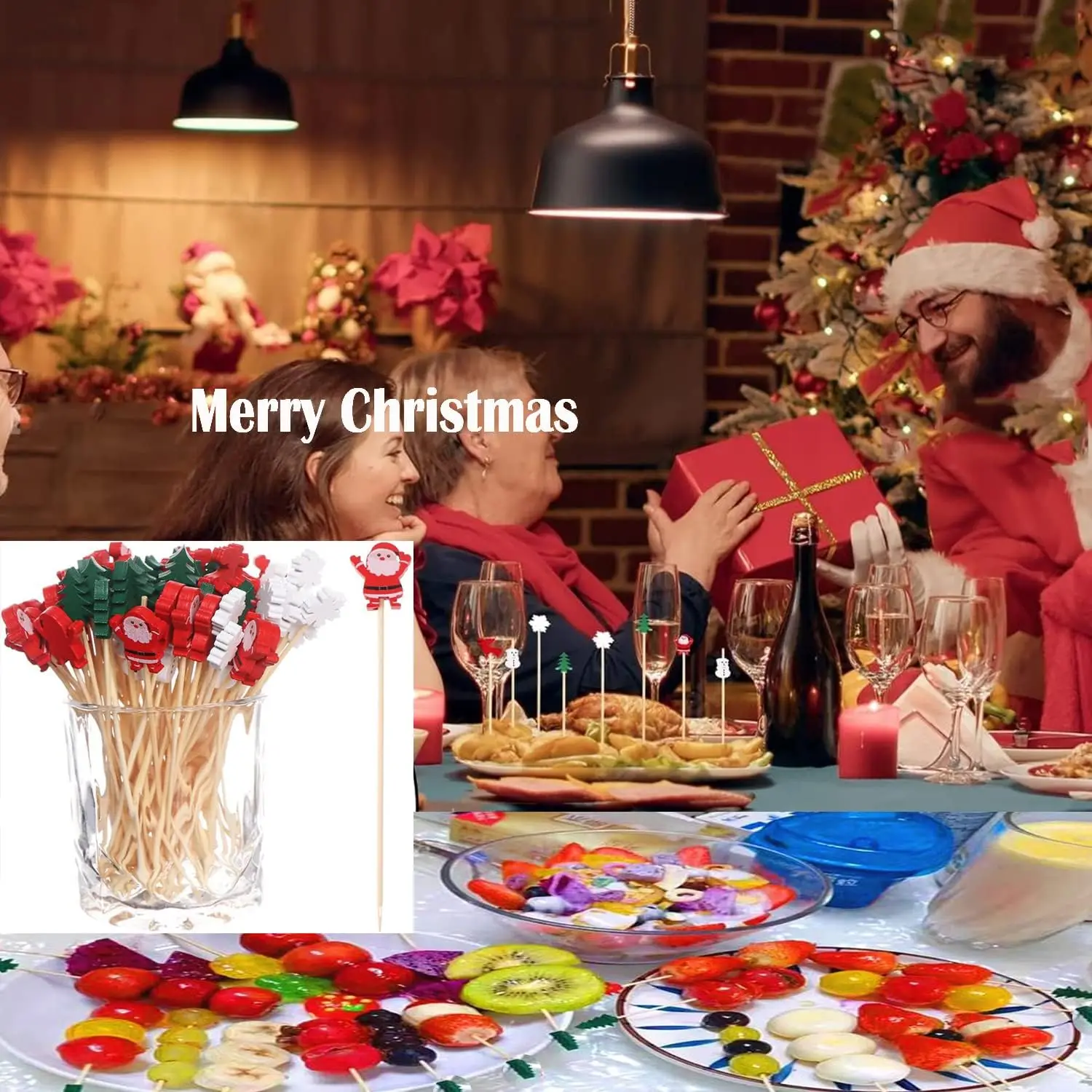 50/100Pcs Christmas Fruit Bamboo Skewers Santa Snowflake Tree Designs Disposable Bamboo Skewers for Party Dessert Cocktail Decor