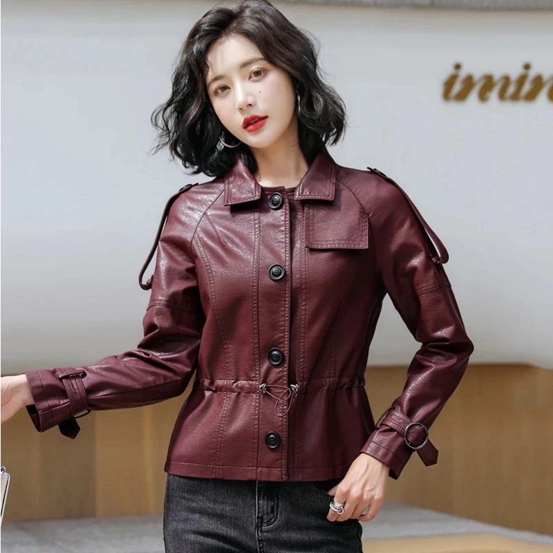 Women Sheep Leather Jacket, Classic Turn Down Collar, Chic Drawstring, Slim Short Sheepskin Coat Streetwear, Spring Autumn 2024