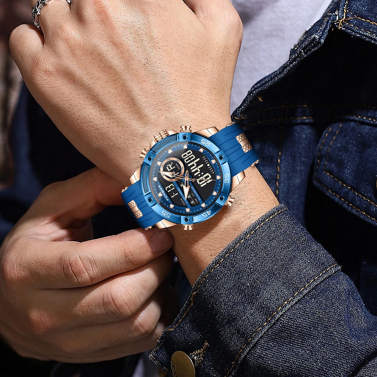 FOXBOX New Men's Watch Fashion Blue Silicone Waterproof Quartz Watches For Men Outdoor Sport Military Analog Digital Chronograph