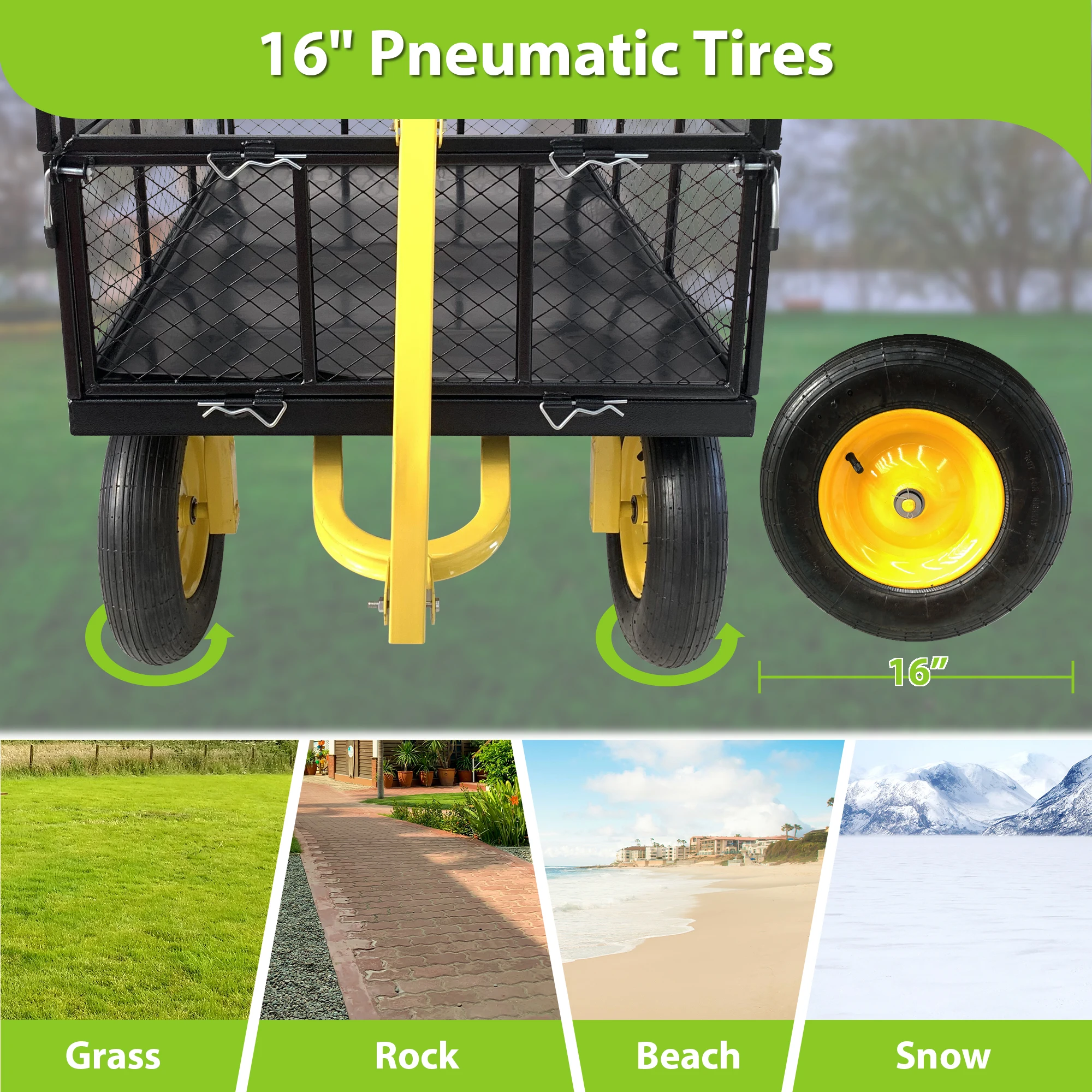 LZBEITEM Steel Garden Cart, Heavy Duty 1400 lbs Capacity, with Removable Mesh Sides to Convert into Flatbed, with16 in Tires 3