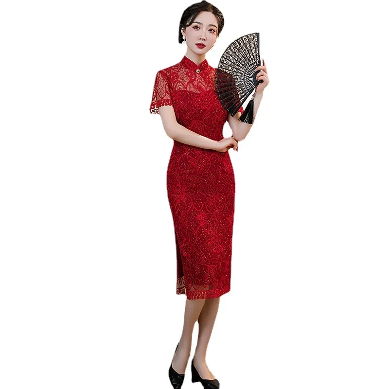 

Cheongsam Republic of China Style Printed Banquet Clothes Waist-Tight Elegant Artistic Dress Party Modified Lady