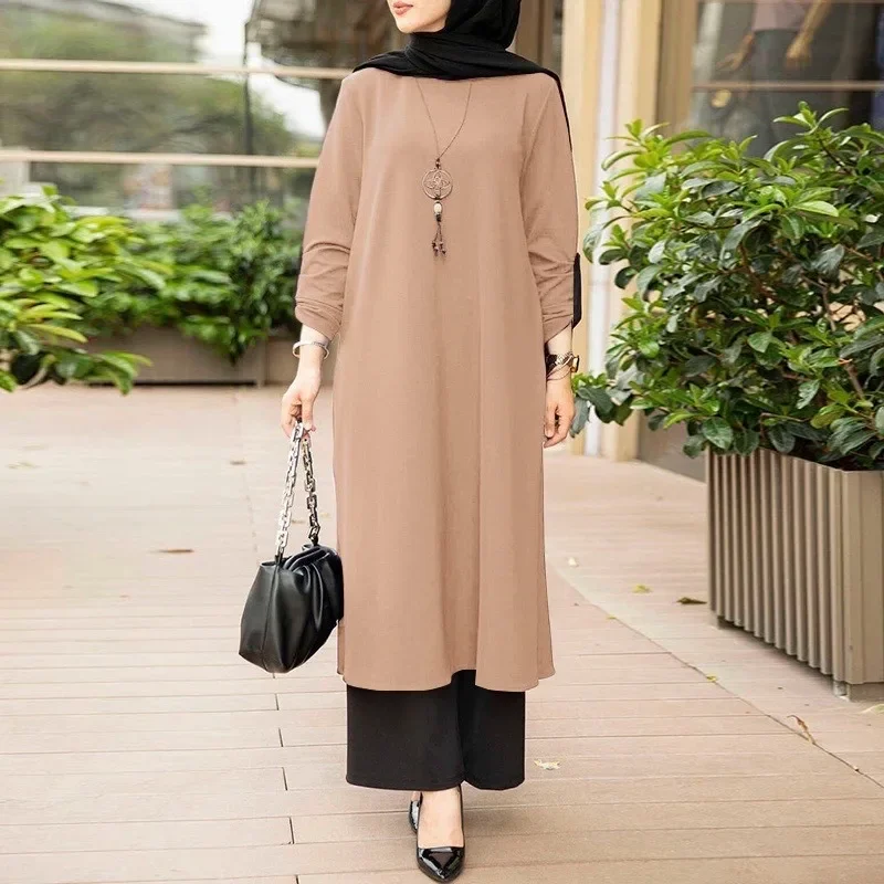 Women's Muslim Style Arabic Style Temperament Pure Color Simple Style round Neck Long Sleeve Side Split Dress  Prom Dress Abaya