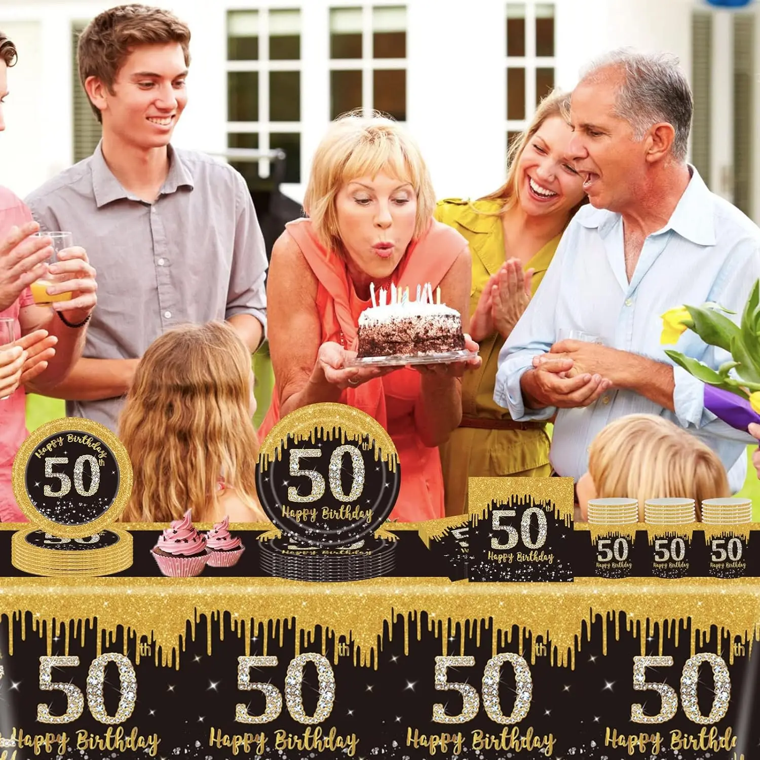 블랙 골드 해피 50 번째 생일 테이블 천 커버, 직사각형 플라스틱 식탁보, 파티 장식, 남녀공용, 137x274cm