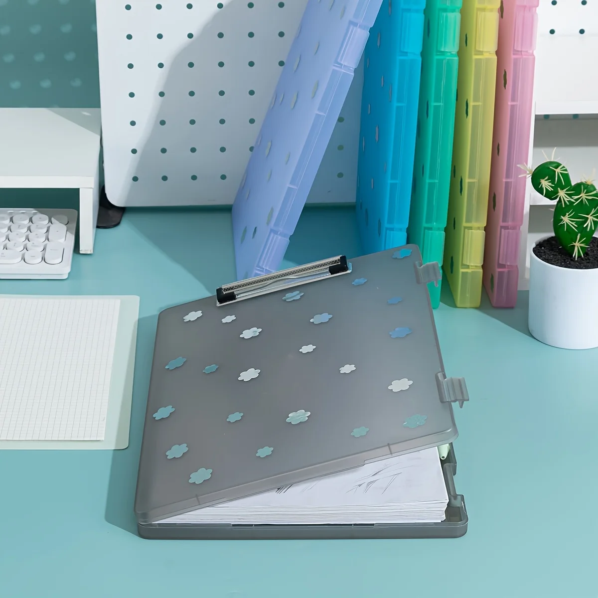 Floral Plastic File Folder with Writing Pad and Pen Slot Large Capacity Rectangular Office Organizer Box
