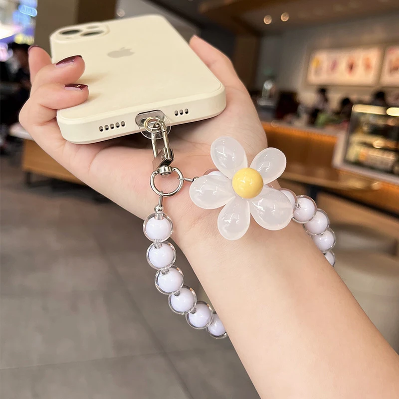 Universal Phone Case Anti-lost Lanyard Key Short Wrist Pendant Crystal Macaron Round Bead Pendant Women Hand-held Chain Lanyard