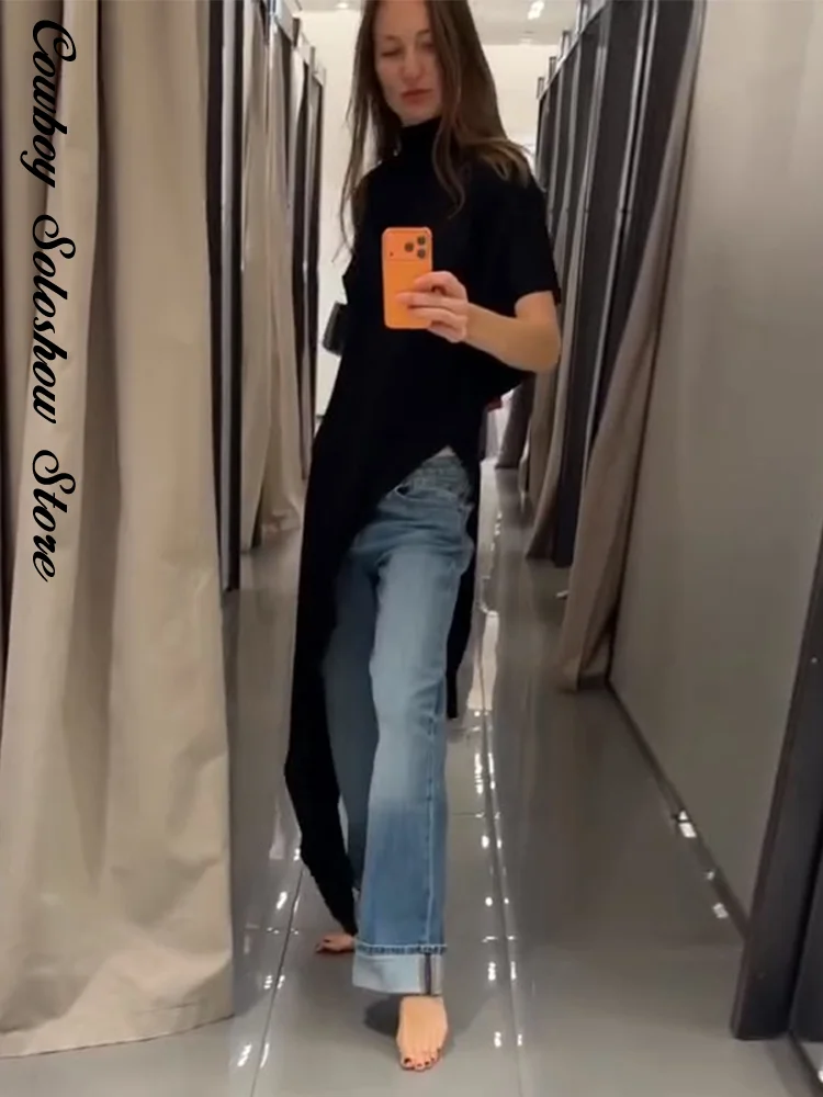 รูปสินค้า เสื้อผ้าแฟชั่น ทรงไม่สมมาตร คอสูง แขนสั้น ชายเสื้อไม่เท่ากัน