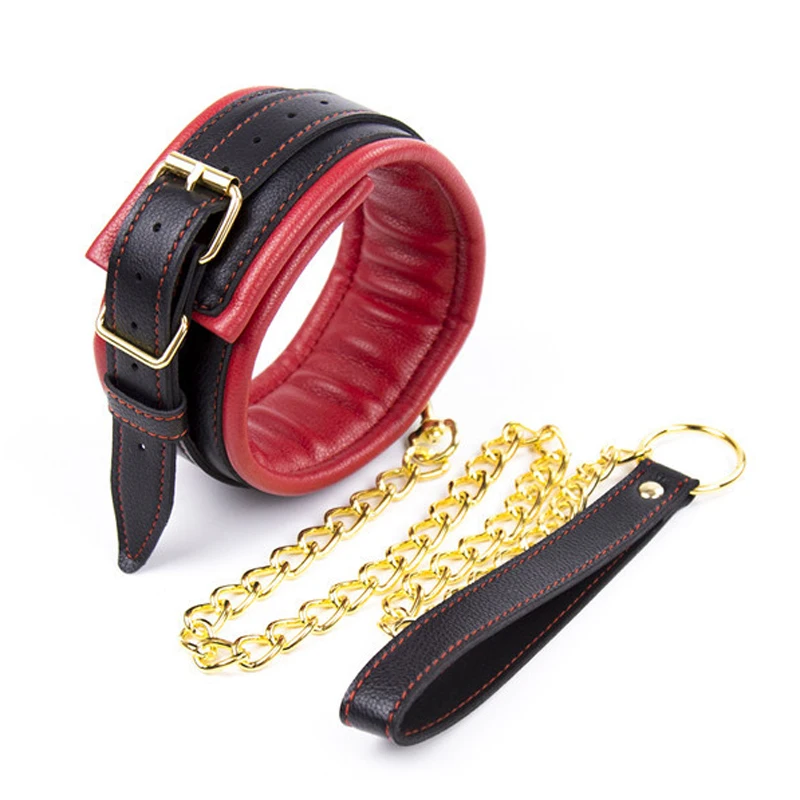 Bdsm Bondage Collar Bdsm Toys Soft Leather And Golden Iron Chain Link Sex Slave Collar Sexy Toys for Couples Sex Shop