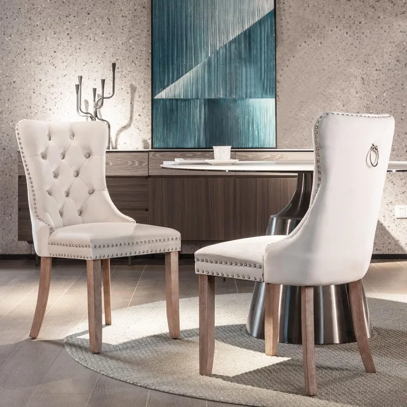 Aoowow Velvet Upholstered Dining Chairs Set of 2, Wingback Armless Side Chairs Button Tufted with Solid Wood Legs 4
