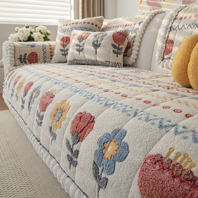 Bohemian Velvet Sofa Cover Soft Plush Protector for 1-4 Seater Sofas Machine Washable Protection Cover