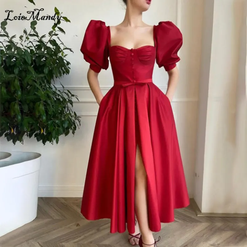 

Exquisite Red Satin Prom Dresses With Short Sleeves Sexy High Slit A-line Formal Occasion Dress For Women vestidos de graduación