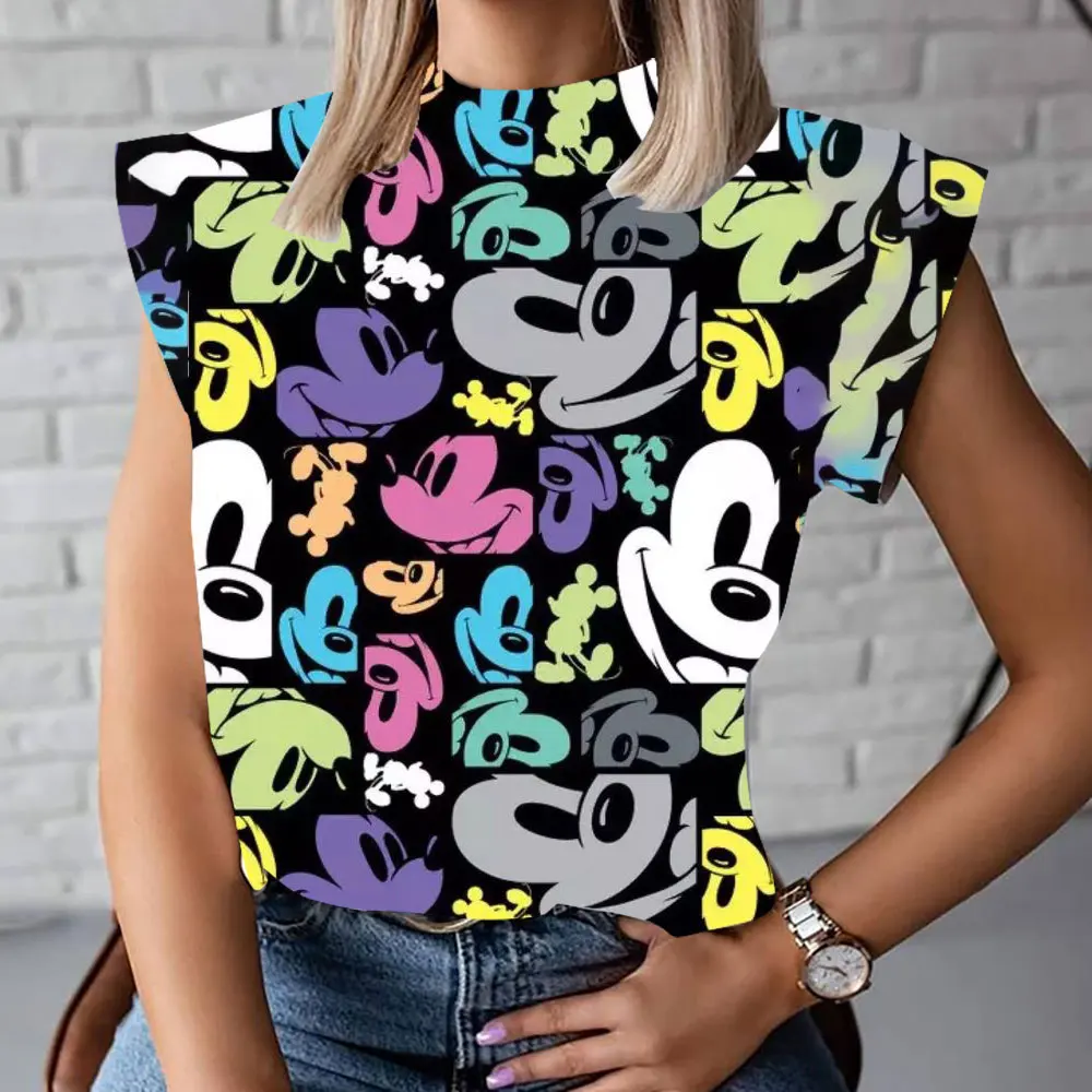 

Summer Fashion New Casual Versatile Cute Mickey Minnie Cartoon Pattern 3D Women's Harajuku Street High Neck T-Shirt Vest
