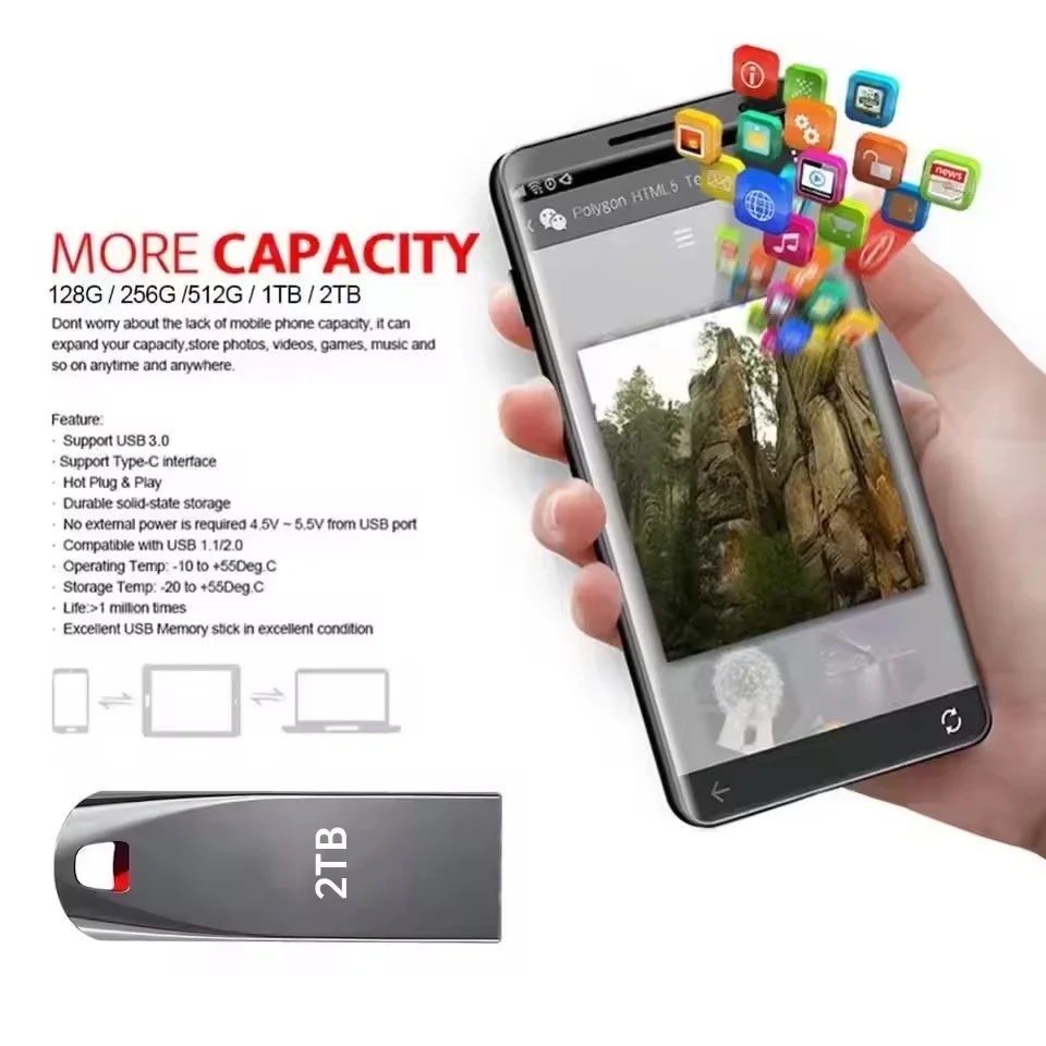 Flash Drive 2TB Usb 3.0 High Speed Metal 1TB 512GB 256GB Portable Waterproof