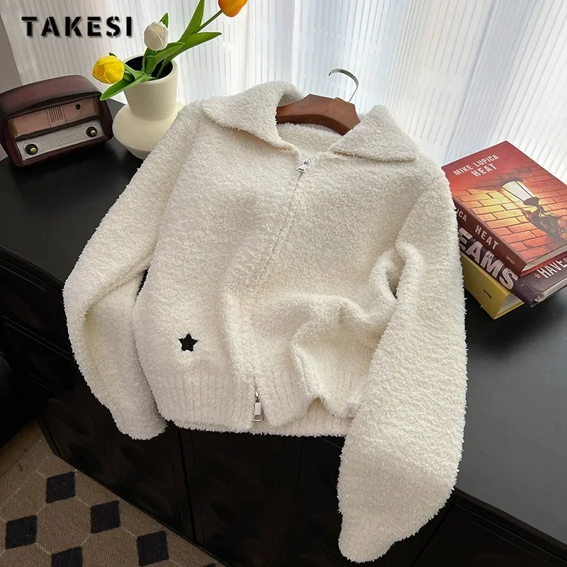 

2023 Winter Korean Casual Knitting Long Sleeve Turn Down Collar Cardigans Women Fashion Solid Color Zipper Ladies Sweater