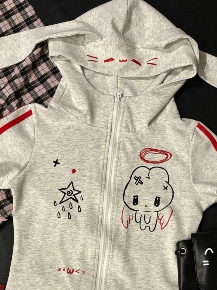 Japanese Cute Babes Slim Fit Cardigan Subculture Kawaii Ears Short Sleeve Hoodies Women Summer New Sweet Streetwear Grey Tops