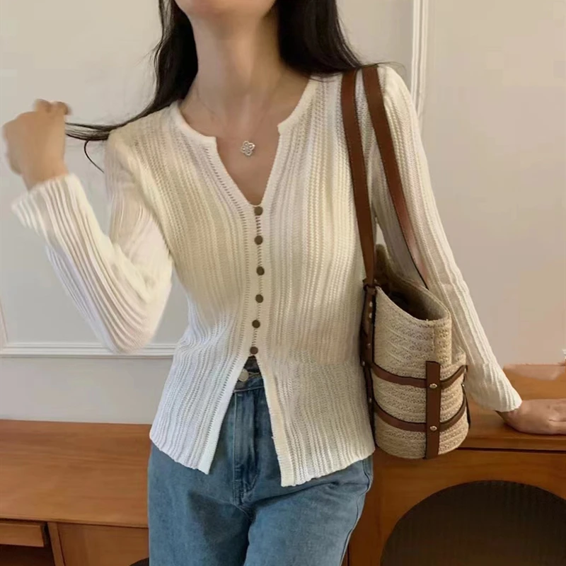 Women Knitted V Neck Long Sleeve Sweater