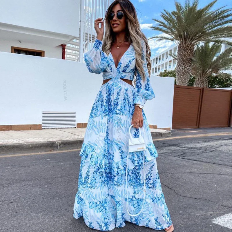 Sexy Hollow Out Maxi Dress Women 2022 Autumn Lantern Sleeve Party Club Tunic Beach Dress Bohemian V-Neck Backless Long Dresses denim dress Dresses