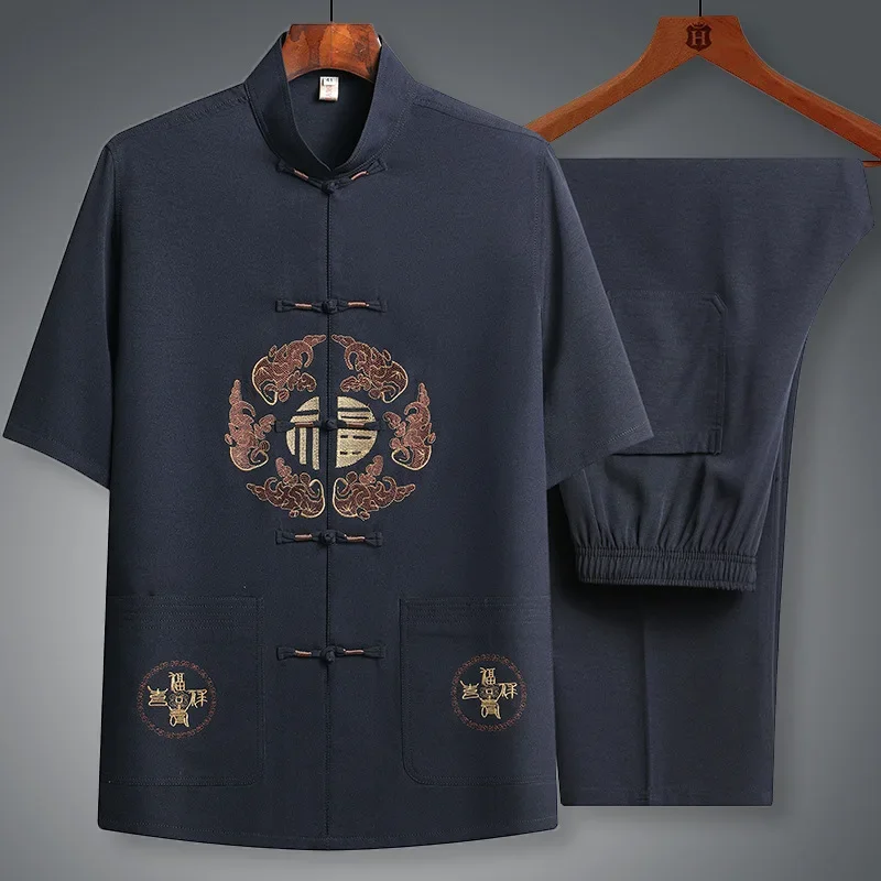 Chinese Traditional Tang Clothing Kung Fu Suit Fashion Casual Embroidery T-shirt Pants Wing Chun Tai Chi Comfortable Men Set