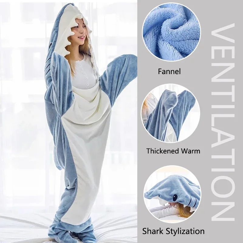 Sleeping Bag Pajamas Thickened Warm Flannel Cartoon Shark Men Women One-Piece Homewear
