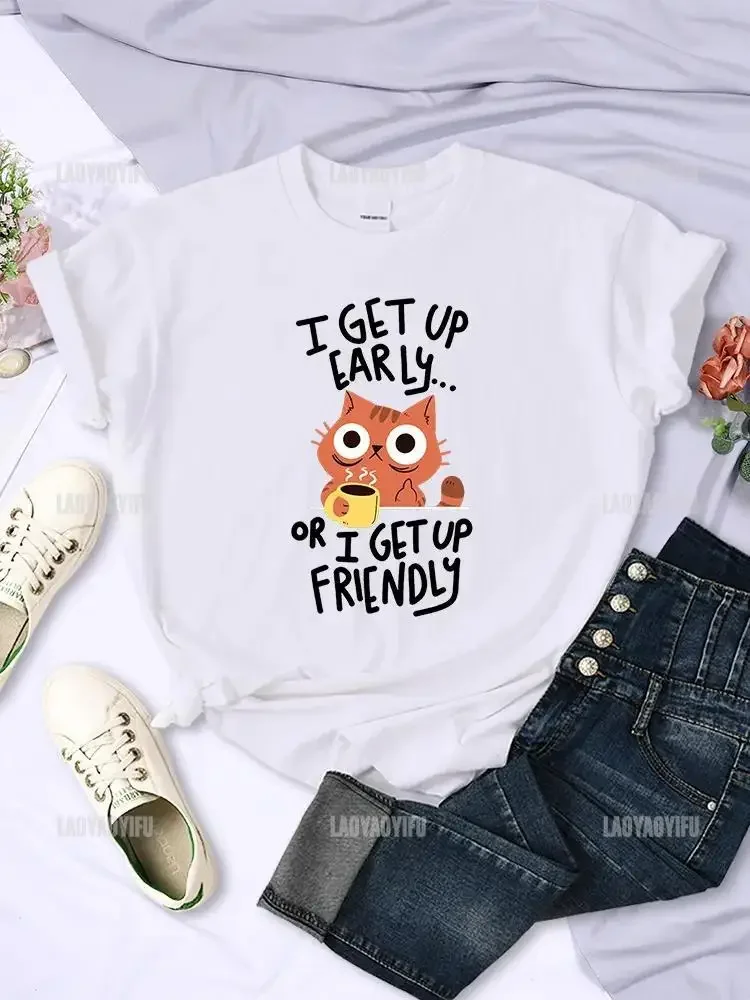 

Футболка I Get Up Are Lazy Cute Cat для женщин и мужчин, Повседневная модная уличная одежда с короткими рукавами, летние хлопковые топы с круглым вырезом