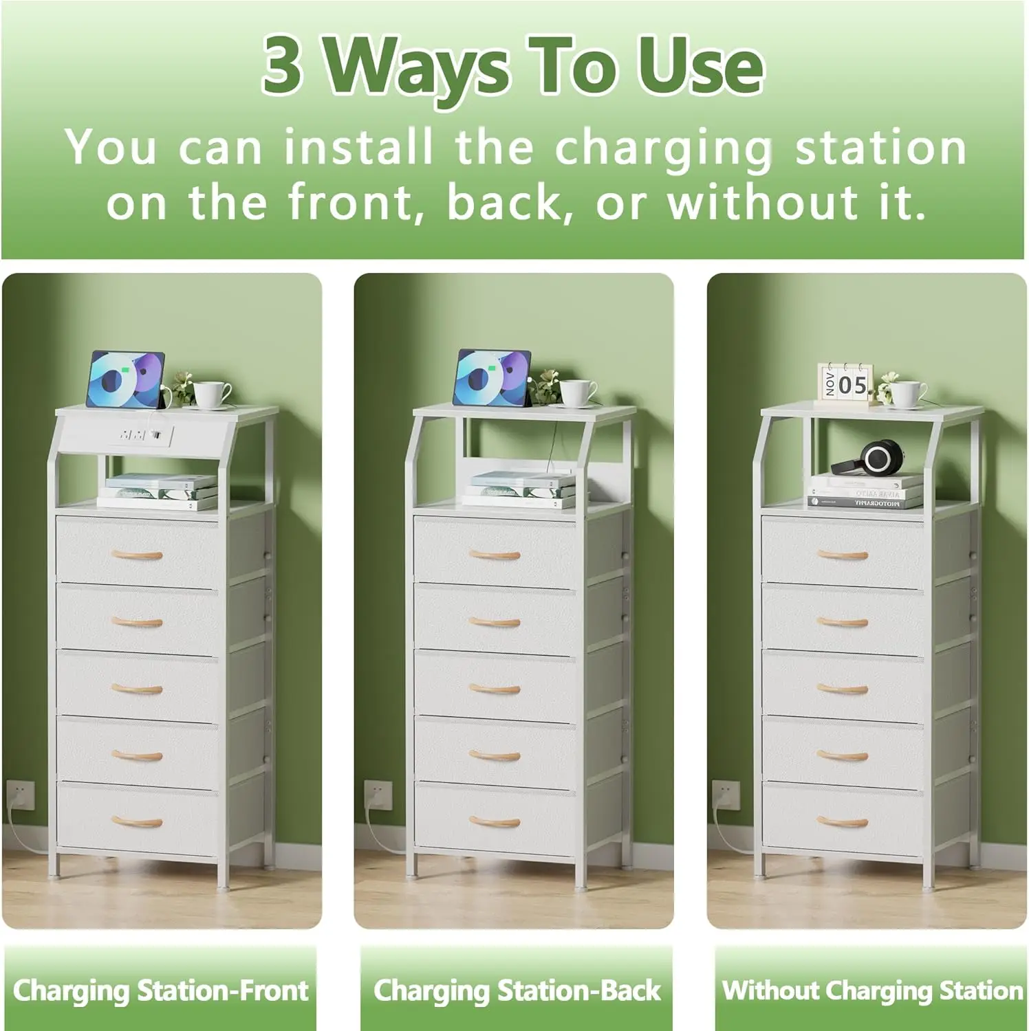 5 Drawers Dresser with Charging Station, Tall Night Stand with Open Shelf, Storage Tower with PVC & Fabric Drawer 6