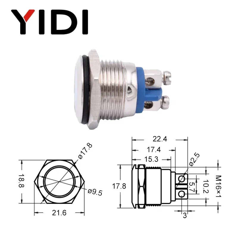 16mm 방수 크롬 금속 LED 표시 등 파일럿 신호 경고등 12V 24V 220V 빨간색 녹색 파란색 흰색 나사 고정 터미널