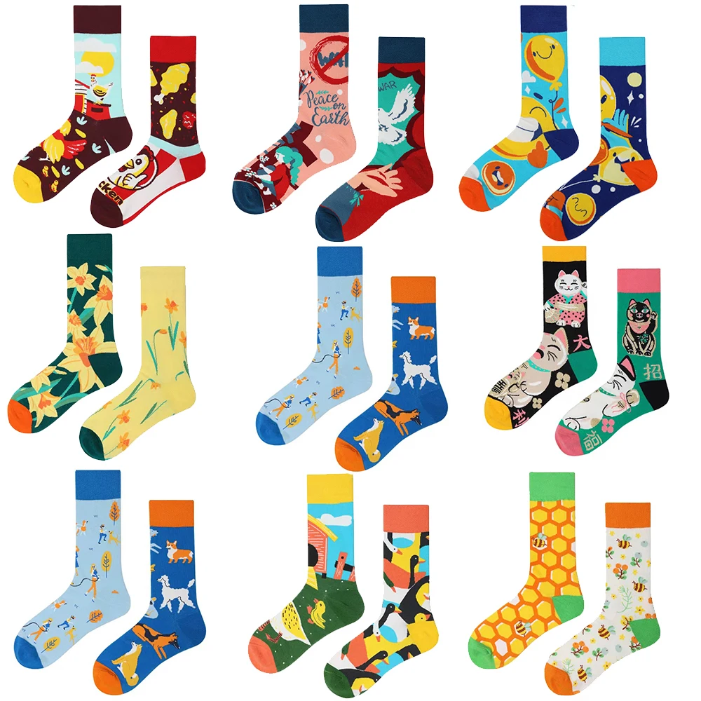 1Pair Man Women Socks Original AB Tide Socks Medium High Tube Colorful Cat Dog Koala Cow Cotton Socks Four Seasons Unisex Socks