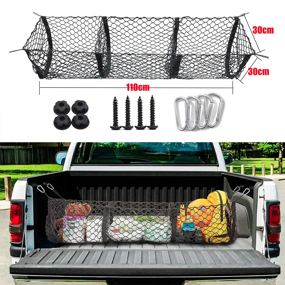 מסדר רשת מטען למיטת תא המטען, רשת אחסון עם 4 תליונים מתכתיים, רשת מטען כבדה לרכב SUV, מכונית, מיטת משאית