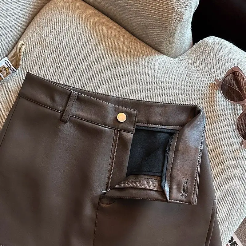 Vintage Braun PU Leder Röcke Weibliche Sexy Hot Mädchen Paket Hüfte Mini Rock Frauen Herbst Winter Hohe Taille Split Shorts Rock – Detail 16
