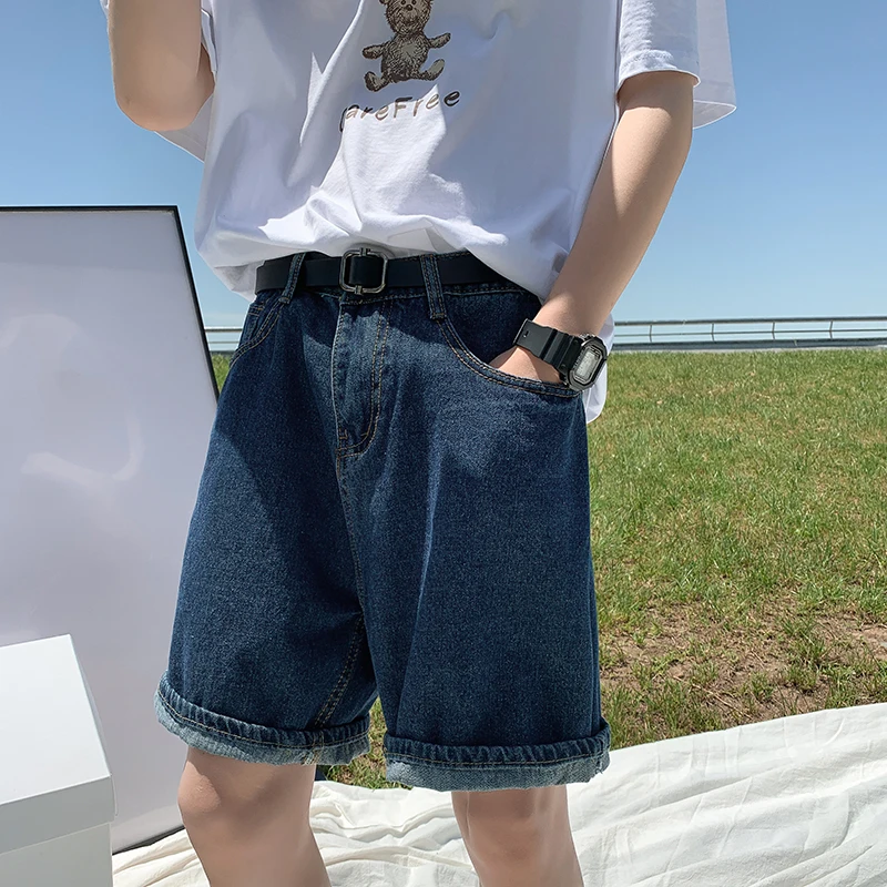 Summer Denim Shorts Men Fashion Retro Blue Denim Shorts Men Streetwear Korean Loose Straight Jeans Shorts Mens Five Part Pants