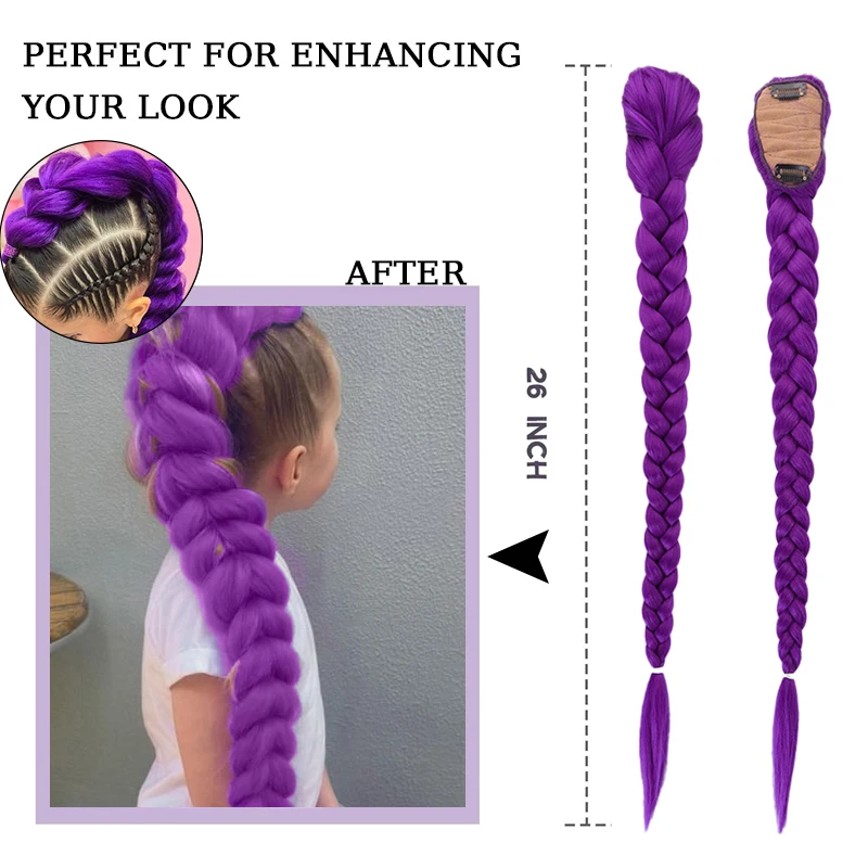 Synthetic Braided Purple Hair Ponytail Kids Costume Hairstyle 26inch Long Ponytail with Clips for Kids Girls Halloween Christmas